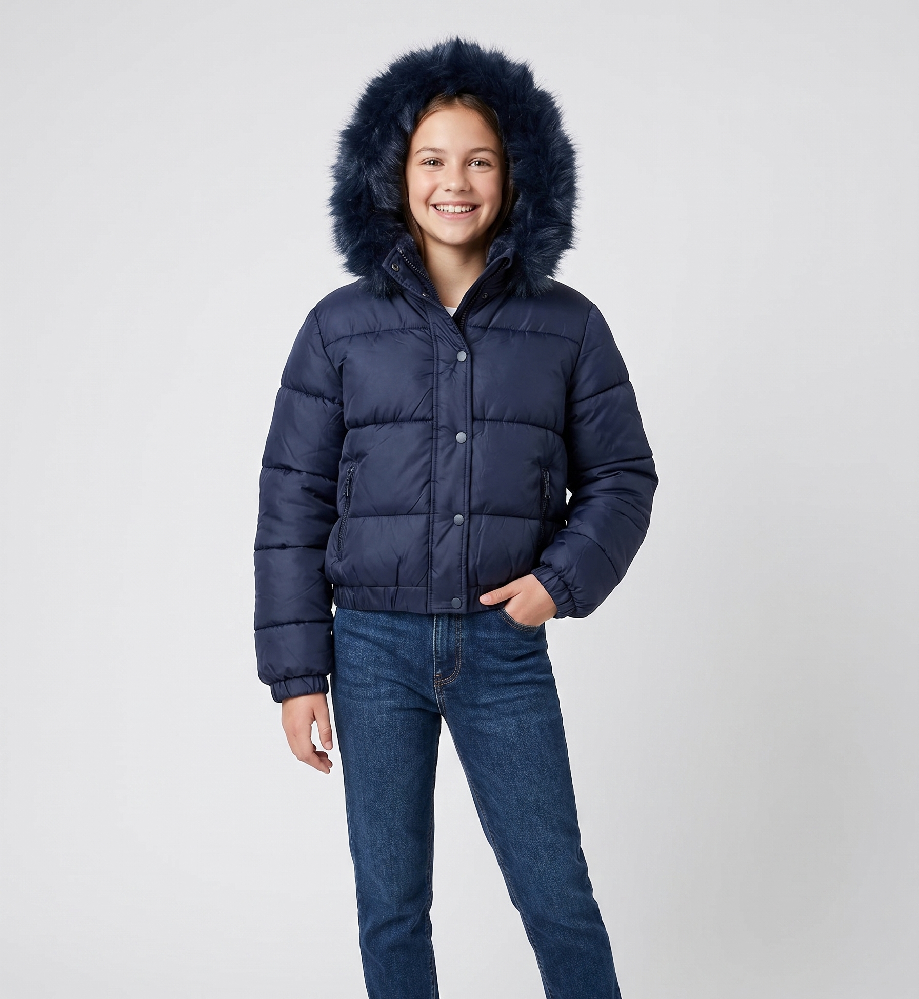 Campera Puffer Niña con Piel - Capucha Desmontable Premium