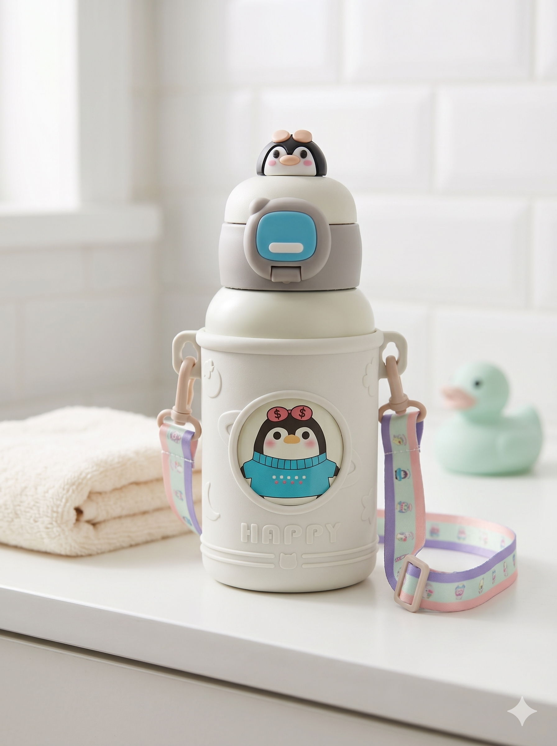 ¡La Más Tierna y Antigolpes! Botella Infantil "Happy" con Sorbete Pop-Up y Correa