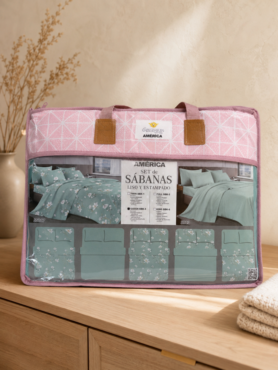 Sábanas Queen Size GoldSun 2 en 1 - Reversibles (Estampado y Liso) - Imagen 2