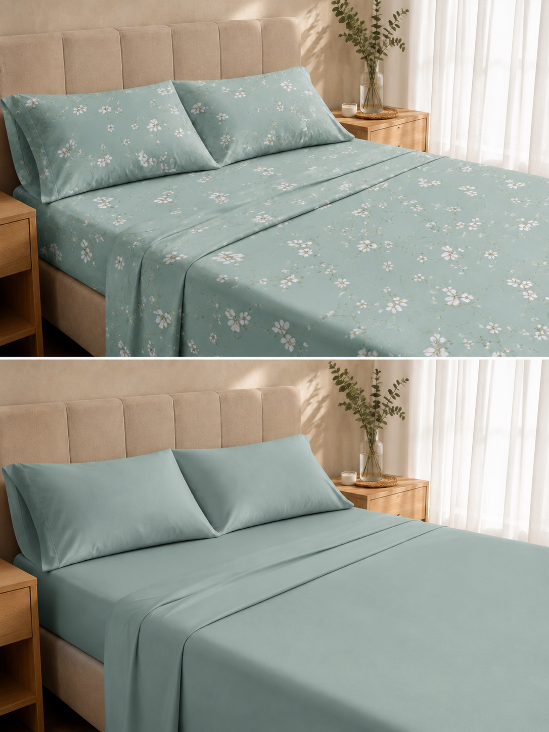 Sábanas Queen Size GoldSun 2 en 1 - Reversibles (Estampado y Liso)