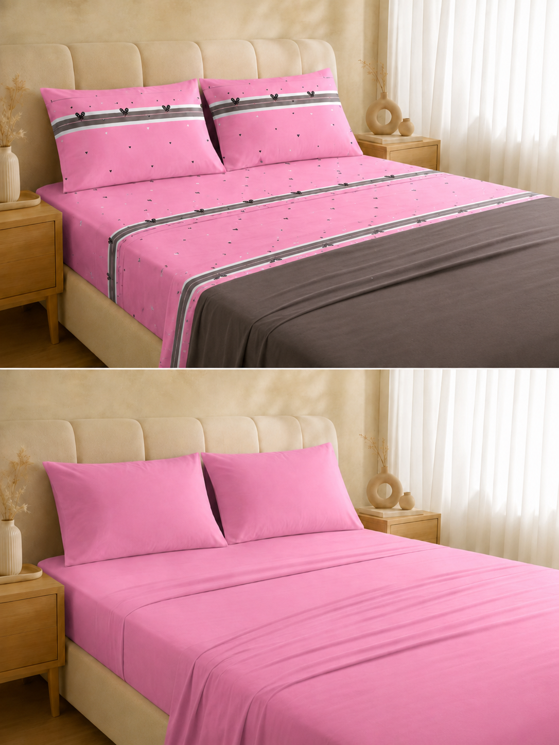 Sábanas Queen Size GoldSun 2 en 1 - Reversibles (Estampado y Liso) - Imagen 3