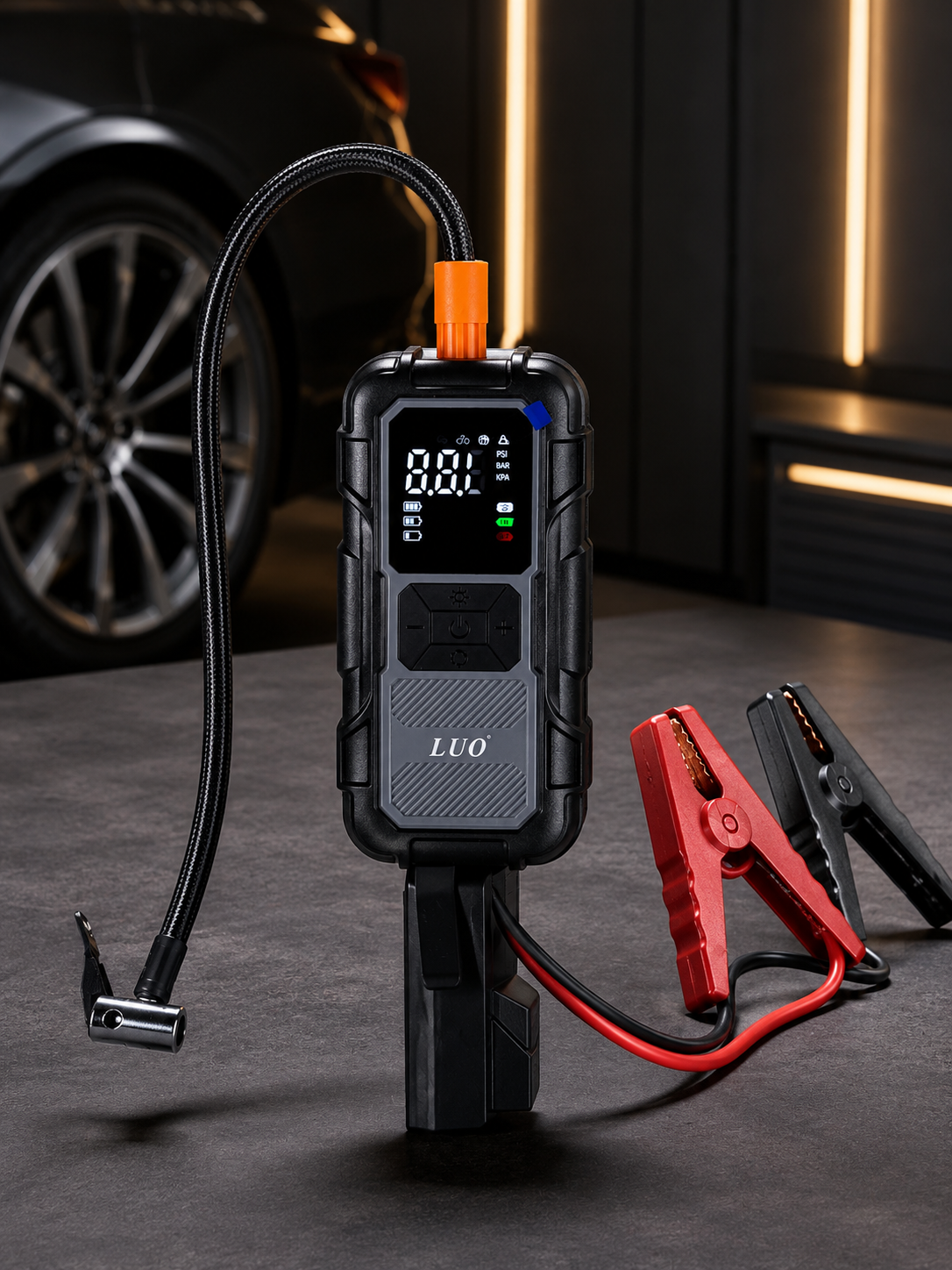 Arrancador de Batería y Compresor Inflador Digital Portátil LUO 2 en 1 para Auto y Moto