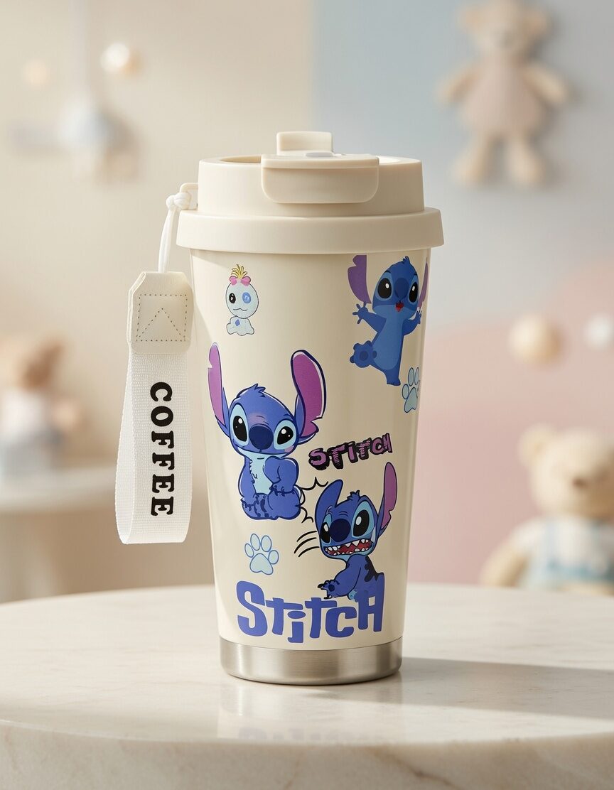 Termo Cafetero de Stitch con Correa Portátil | Acero Inoxidable y Tapa Hermética